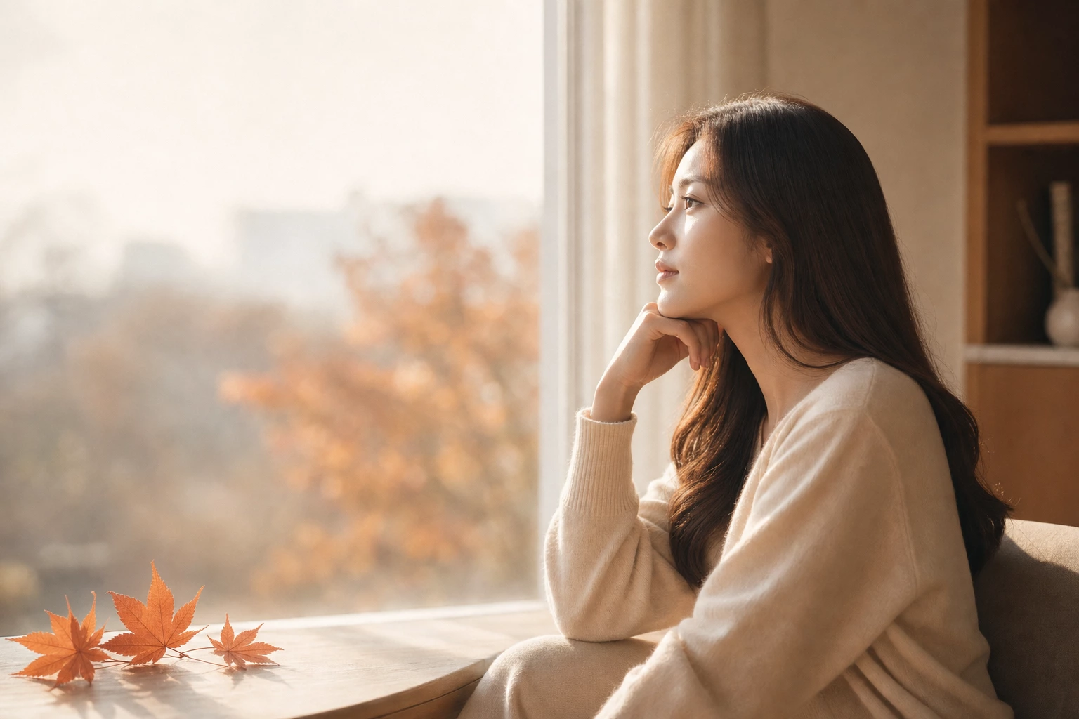 창가에 앉아 창밖 단풍을 바라보는 여성과 테이블 위의 단풍잎