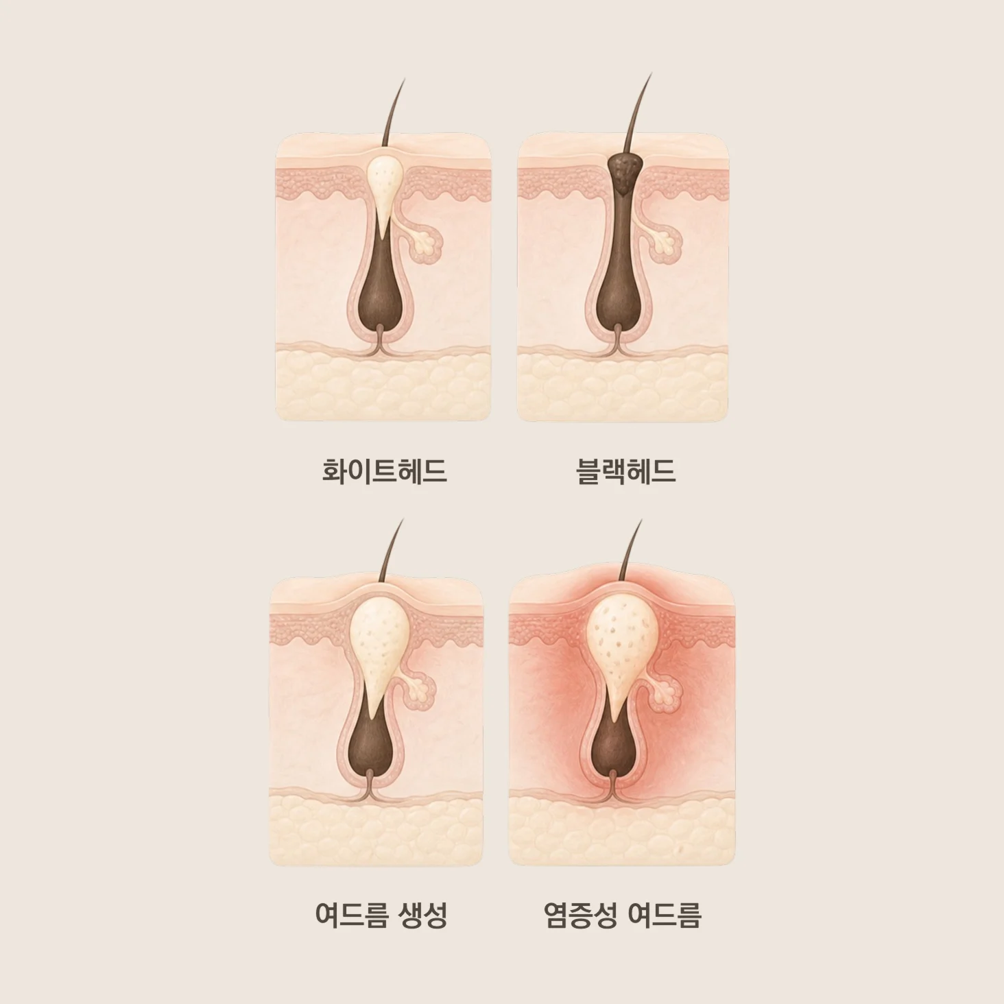 여드름, 블랙헤드, 염증성 여드름 피부 상태