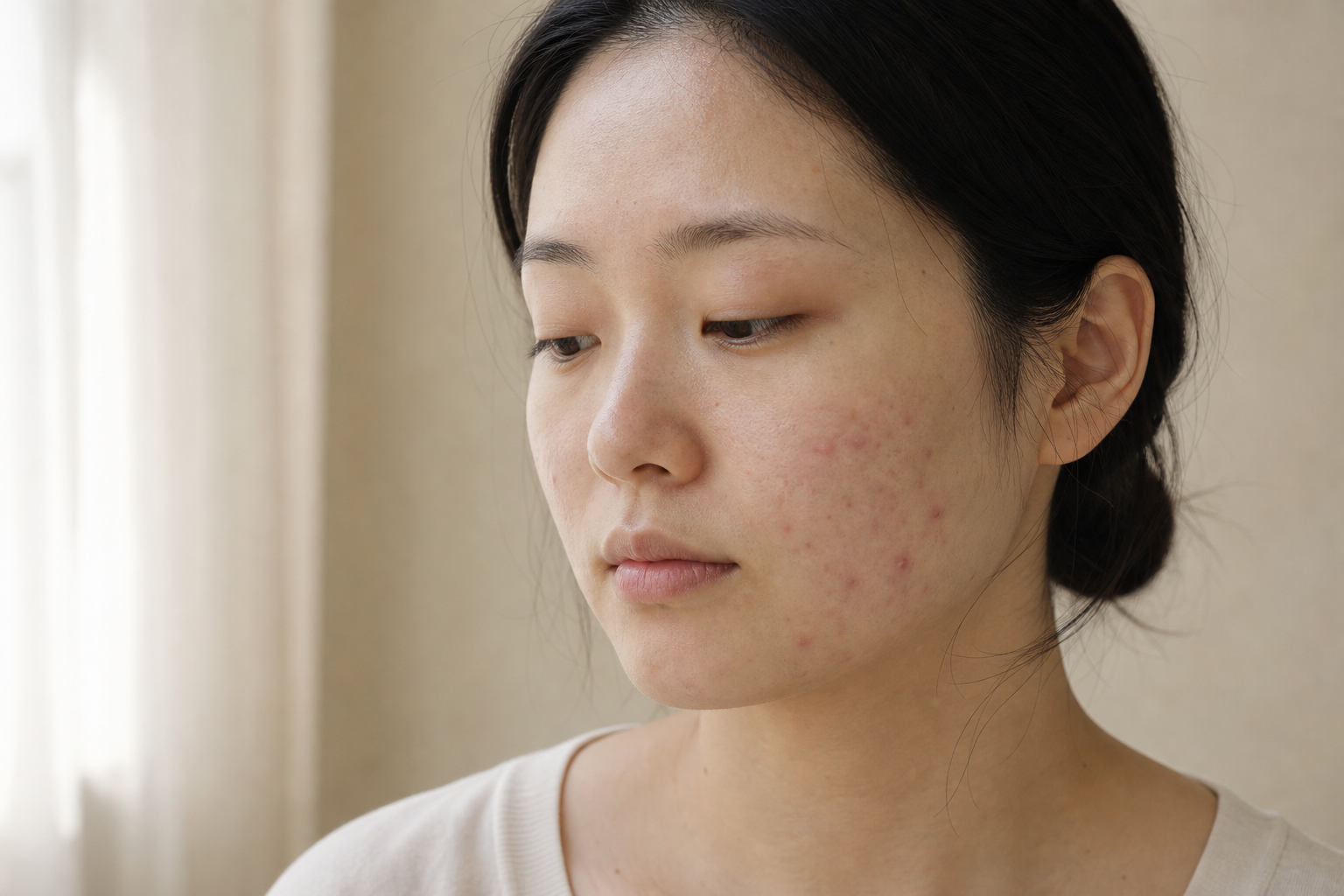 볼과 턱선에 염증성 여드름과 여드름 자국이 함께 보이는 20대 여성의 옆모습