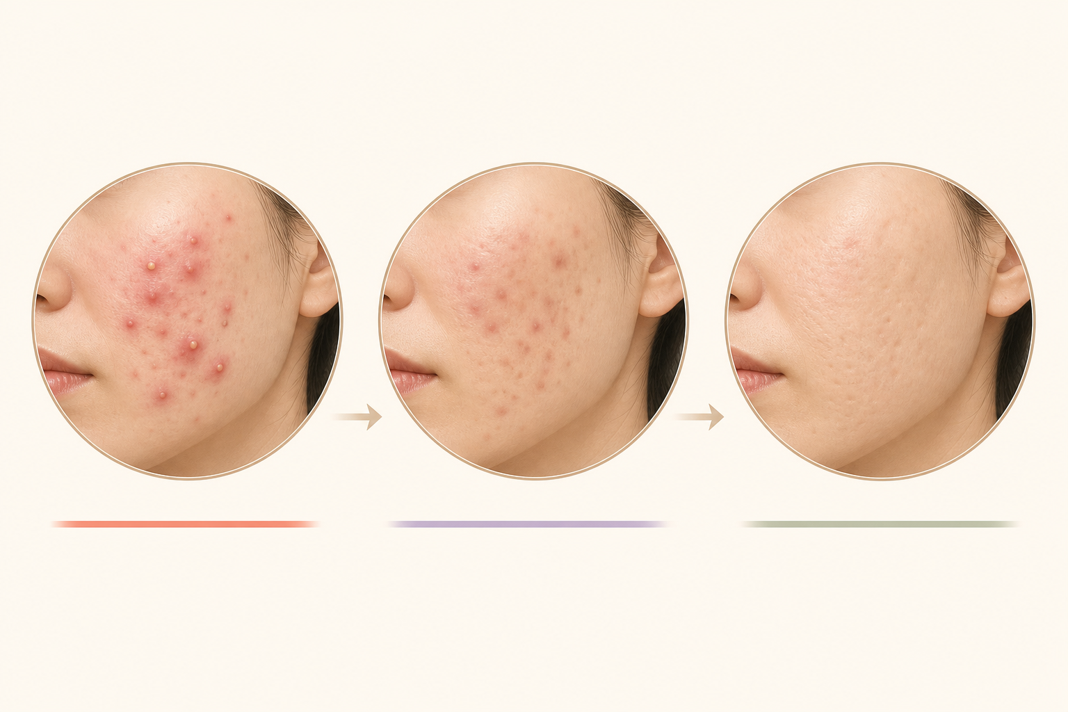 염증기, 붉은 자국·색소기, 패인 흉터기로 나뉘는 여드름의 세 단계를 나란히 보여주는 일러스트