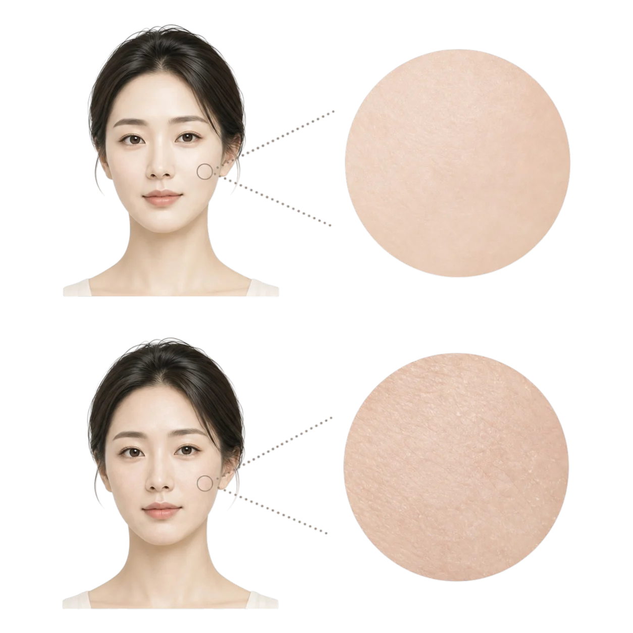 수분감에 따른 피부결 비교 - 수분감이 충분한 피부와 건조한 피부의 표면 차이