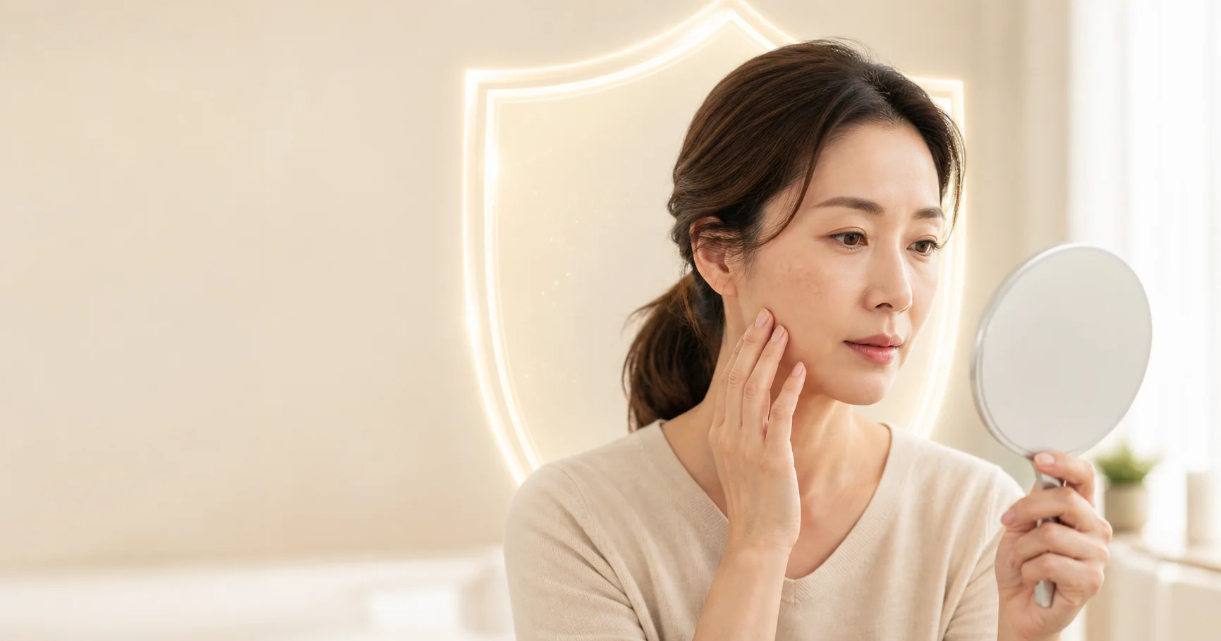 볼의 색소침착을 걱정하며 거울을 보는 한국인 여성과 보호를 상징하는 방패