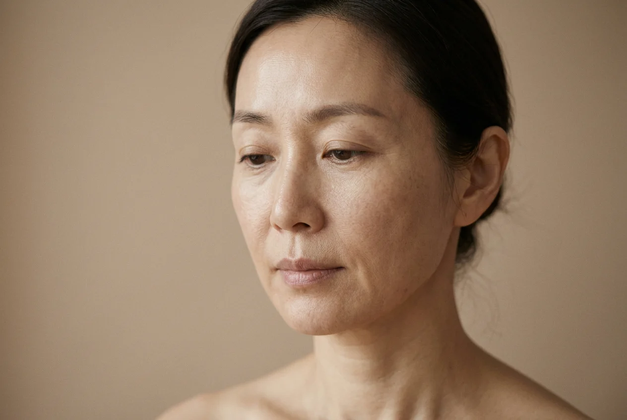 눈가와 입가의 피부 밀도 변화가 보이는 40대 여성의 옆모습