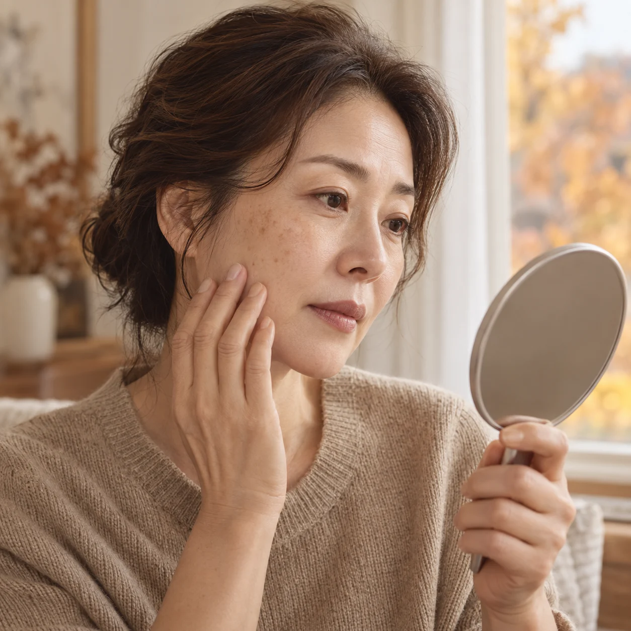 가을 창가에서 손거울로 볼의 갈색 반점을 살펴보는 모습 — 이해를 돕기 위한 생성 이미지
