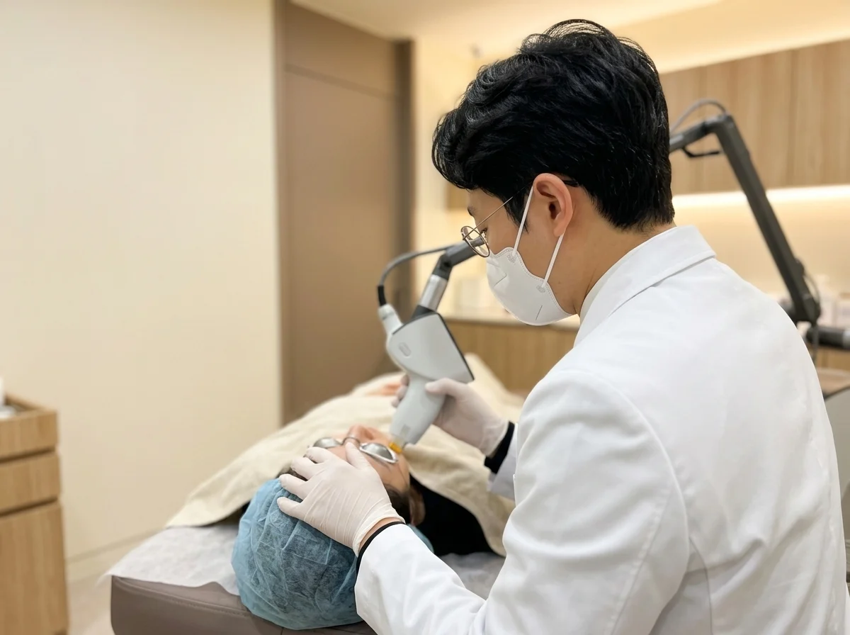 최재원 대표원장이 리팟레이저 핸드피스로 환자의 색소 병변을 치료하는 루미인피부과 시술 장면