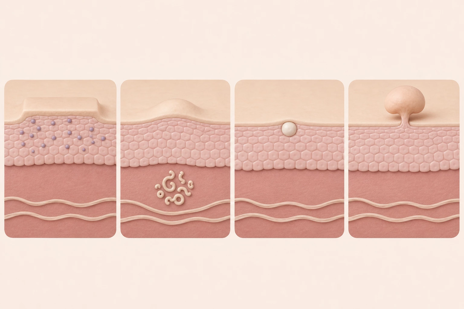 피부 단면 네 칸 — 표피가 납작하게 두꺼워진 편평사마귀, 진피 깊은 곳의 땀관 덩어리인 한관종, 표면 바로 아래 하얀 알갱이 비립종, 피부 위로 매달린 쥐젖