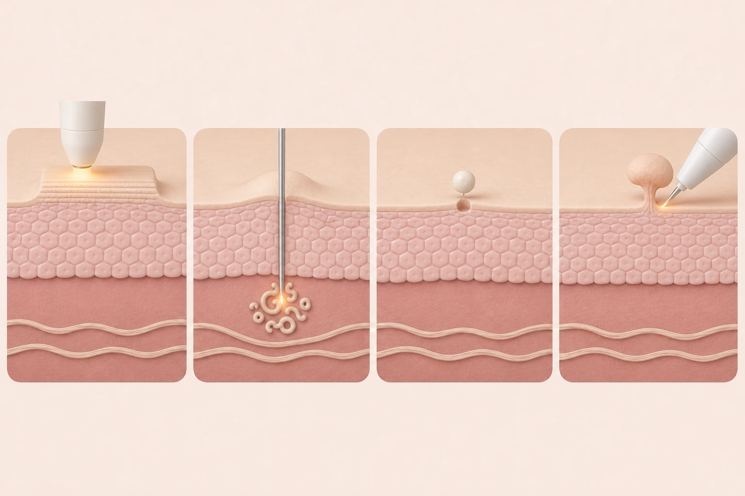 피부 단면 네 칸 — 레이저로 편평사마귀 윗부분을 얇게 깎아 내고, 절연침 끝으로 한관종에 열을 전하고, 작은 구멍으로 비립종을 꺼내고, 쥐젖의 줄기를 소작하는 모습