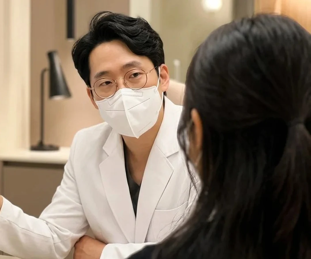 진료실에서 최재원 대표원장이 환자와 마주 앉아 목주름 상담을 하는 장면