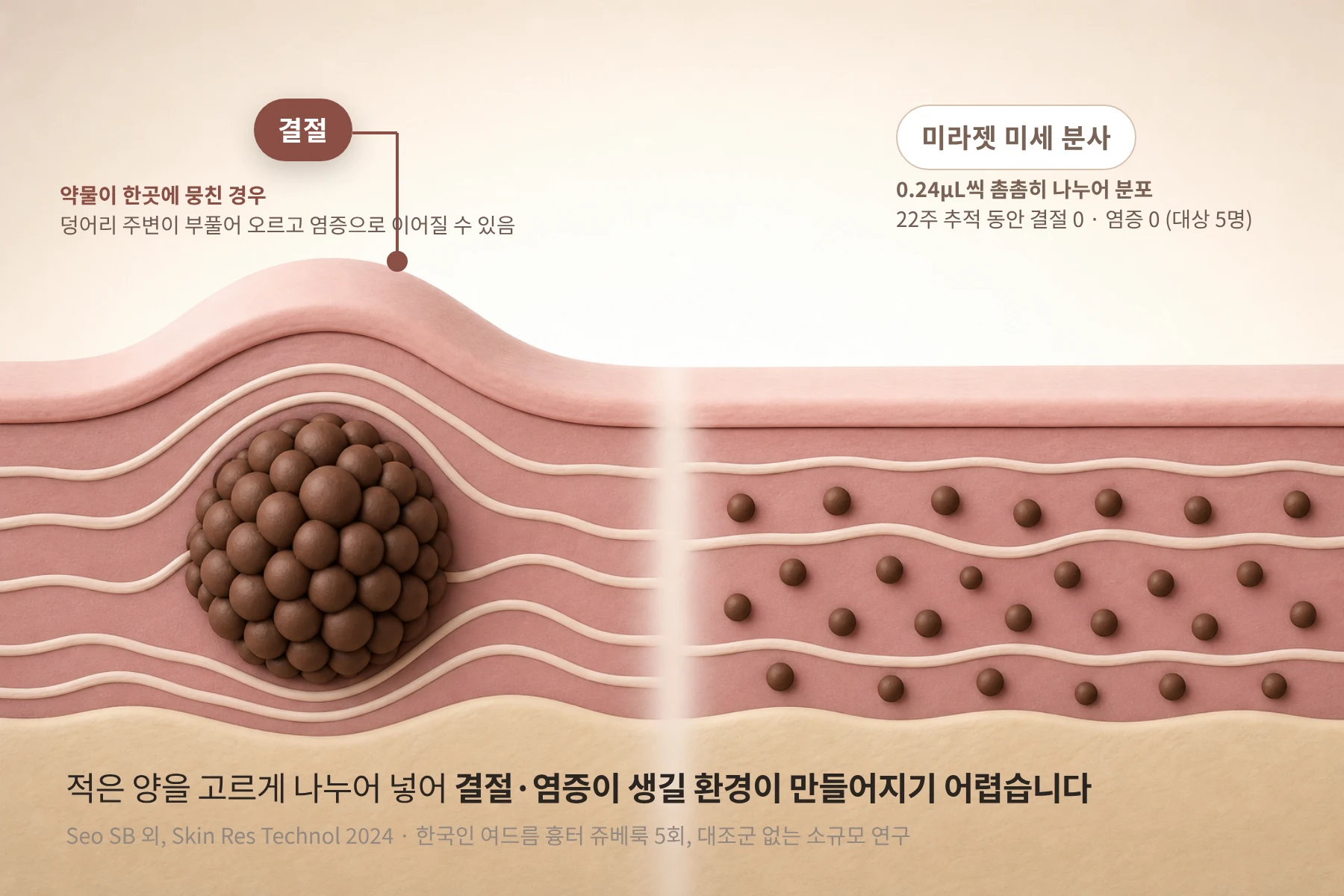 약물이 한곳에 뭉쳐 결절이 생긴 피부와 미라젯 미세 분사로 고르게 퍼진 피부를 비교한 단면 도해